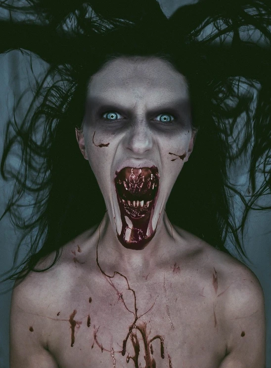 a close up of a person with blood on their face, digital art, pexels, digital art, fleshy creature above her mouth, furious dark haired women, man mutating to zombie, retouched