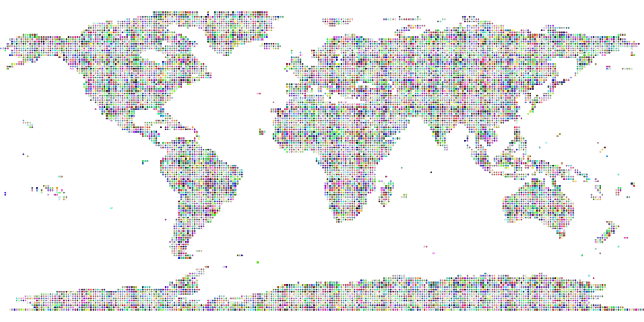 a black and white photo of a world map, pixel art, generative art, colored dots, tv footage, multi colored, no gradients