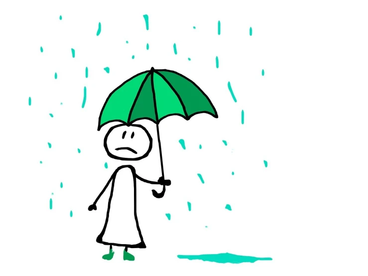 a drawing of a person holding an umbrella in the rain, a cartoon, conceptual art, green rain, disappointed, simple and clean illustration, poorly drawn