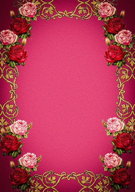 a frame with roses on a pink background, a digital rendering, gold and red filigree, background image, wild west background, mobile wallpaper