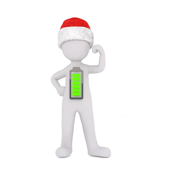 a person in a santa hat holding a cell phone, a stock photo, inspired by Ernest William Christmas, pixabay, happening, massive battery, 3 d character concept, kundalini energy, in style of mike savad”