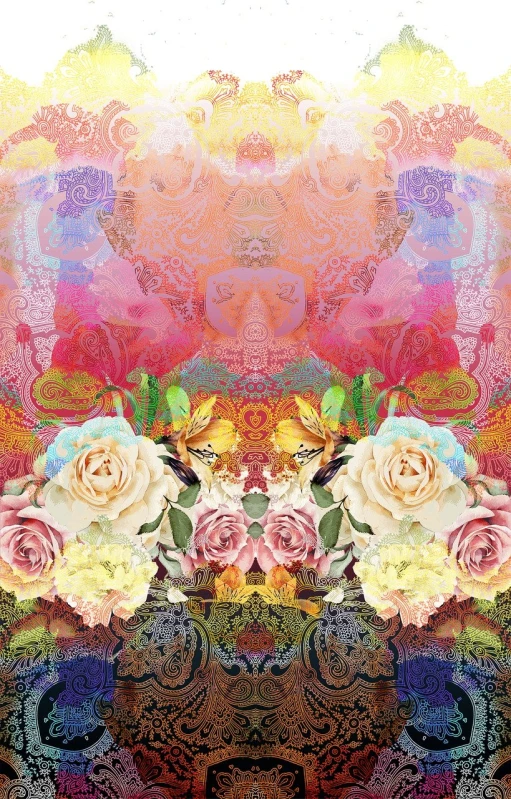 a group of flowers sitting on top of a table, a digital rendering, inspired by Daniel Merriam, psychedelic art, rose background, with symmetry intricate detailed, cherub, ny