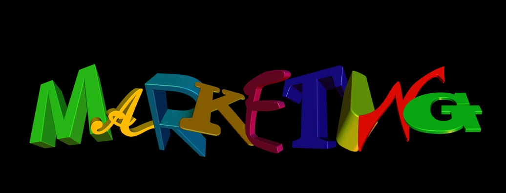 the word marketing in multicolored letters on a black background, a raytraced image, by Aleksander Kotsis, trending on pixabay, graffiti, market stalls, mark kostabi, ((octane render)), bottom view