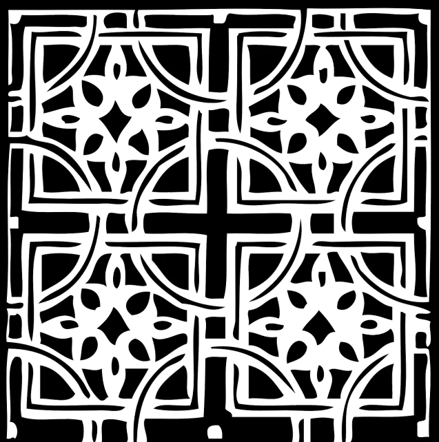 a black and white drawing of a cross, a digital rendering, inspired by Andrei Kolkoutine, deviantart, art nouveau floor pattern, black textured, black color background, patio