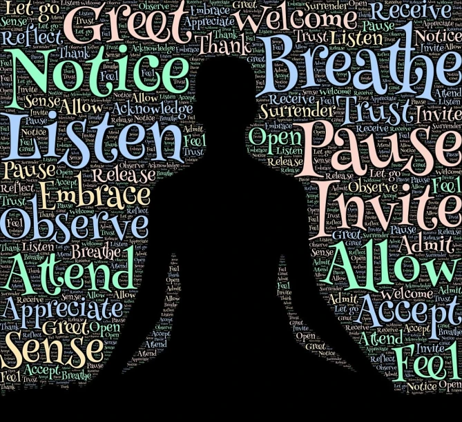 a silhouette of a person sitting in the middle of a word cloud, by Judith Gutierrez, trending on pixabay, meditating in lotus position, breath taking, welcome, half image