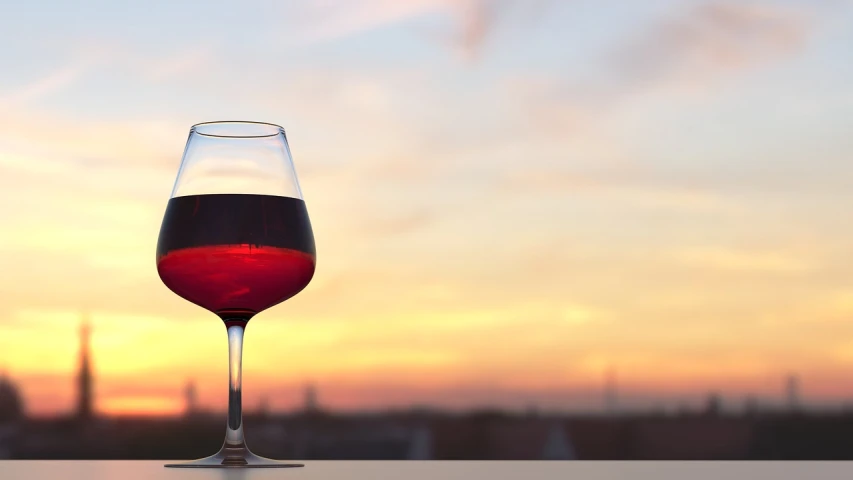 a glass of wine sitting on top of a table, by Alexander Fedosav, shutterstock, romanticism, redpink sunset, around the city, red wine, high quality product image”