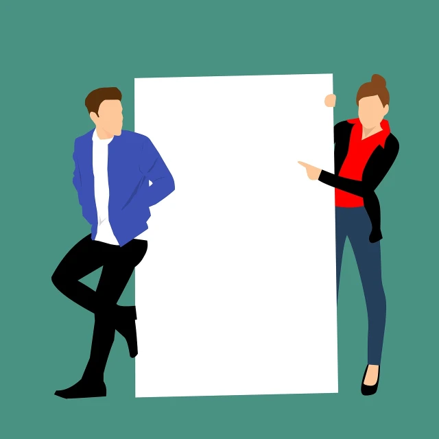 a couple of people standing next to a white board, a poster, trending on pixabay, conceptual art, solid background color, sharp focus illustration, striking pose, sheet of paper