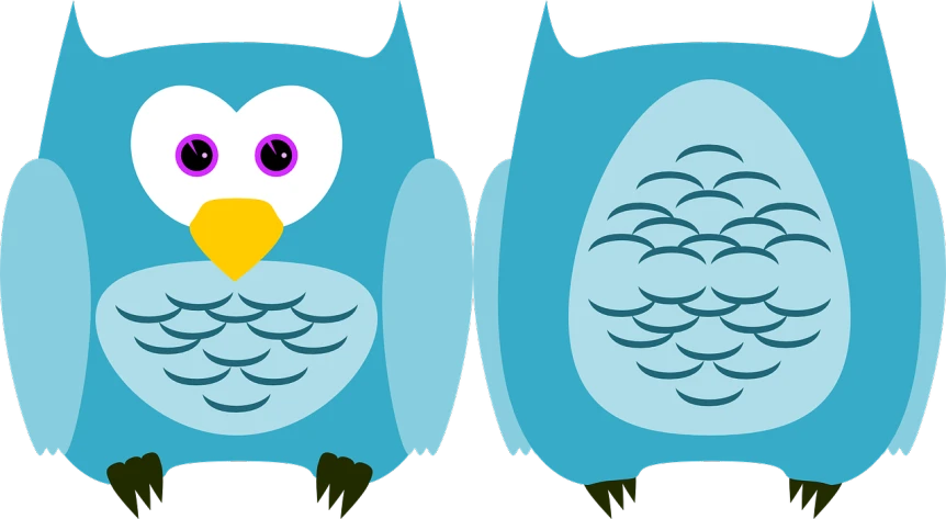 a couple of owls sitting next to each other, vector art, pixabay, digital art, one blue ) and huge bat ears, complete body view, perry the platypus, black and cyan color scheme