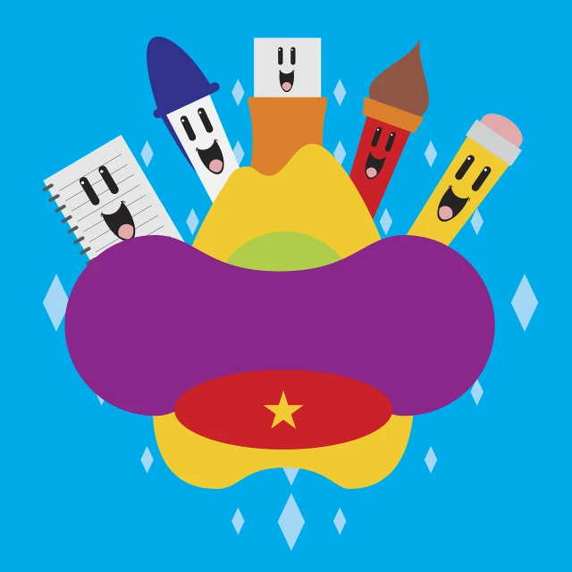 a bunch of school supplies sitting on top of a blue background, vector art, inspired by Peter Max, fancy funny hat, rounded house and cute character, splash art brawlstars, japanese cartoon style