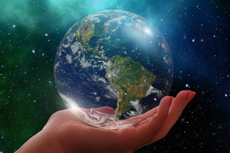 a person holding the earth in their hands, a picture, by Jon Coffelt, shutterstock, fantastic realism, enhanced photo, world peace, open hand, 3 dimensional