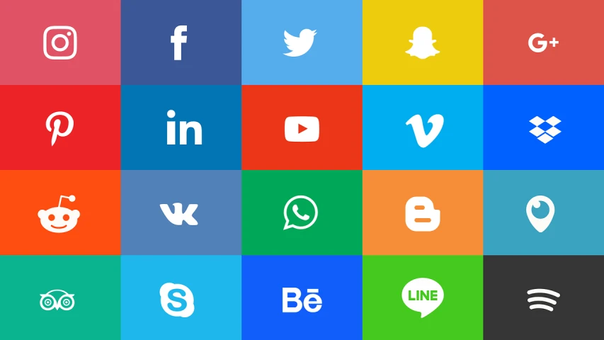 a bunch of different colored social icons, shutterstock, grid of styles, blue, 1285445247], flat minimalistic