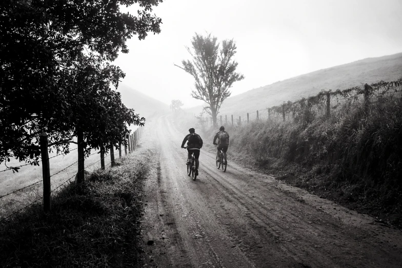 a couple of people riding bikes down a dirt road, a picture, by Etienne Delessert, damp, cobwebs and dust, unwind!, joshua cotter