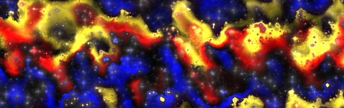 a painting of red, yellow and blue flowers, digital art, inspired by Lorentz Frölich, flickr, space art, eel nebula, view from the space, background yellow and blue, liquid fire