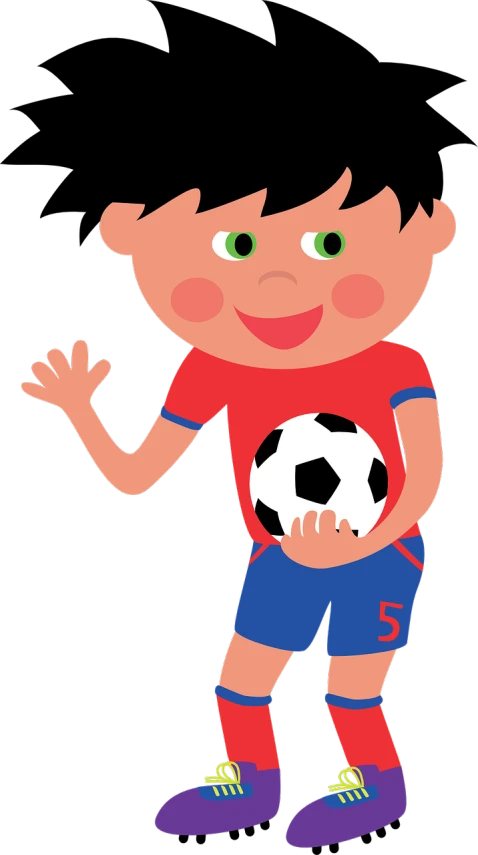 a cartoon boy holding a soccer ball, a cartoon, inspired by Juraj Julije Klović, pixabay, of peppa pig, detailed screenshot, boy has short black hair, children\'s illustration