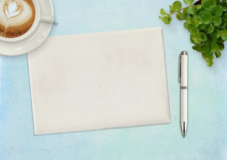 a cup of coffee next to a piece of paper and a pen, inspired by Masamitsu Ōta, unsplash, mail art, textured parchment background, white cyan, realistic footage, bottom - view