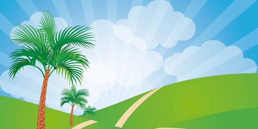 a couple of palm trees sitting on top of a lush green hillside, an illustration of, sunbeams blue sky, country road, background image, clipart