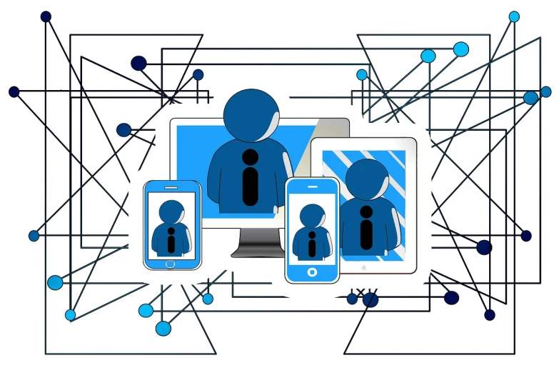 a group of people sitting in front of a computer, by Matija Jama, pixabay, digital art, corporate phone app icon, infographics. logo. blue, wireframes, mirroring