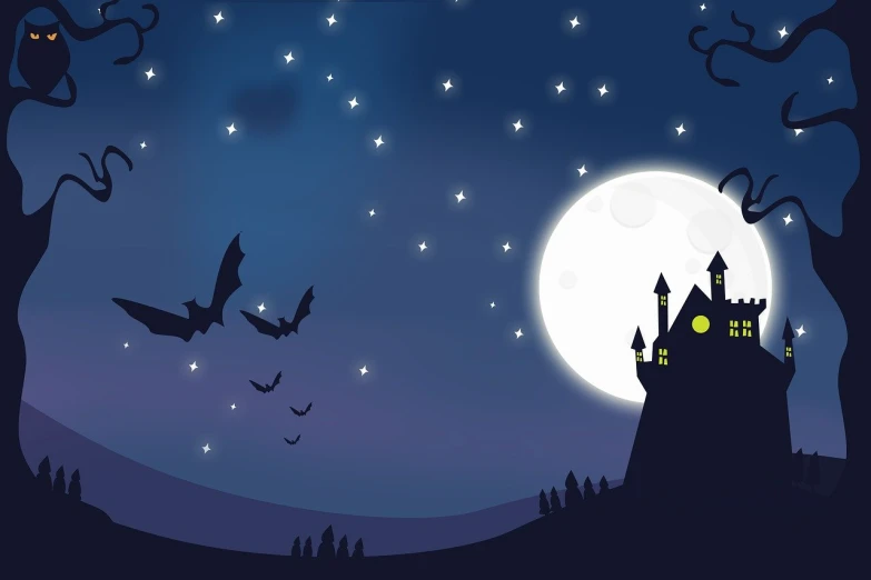 a castle with bats flying in front of a full moon, an illustration of, simple and clean illustration, high res, festival, gloomcore illustration