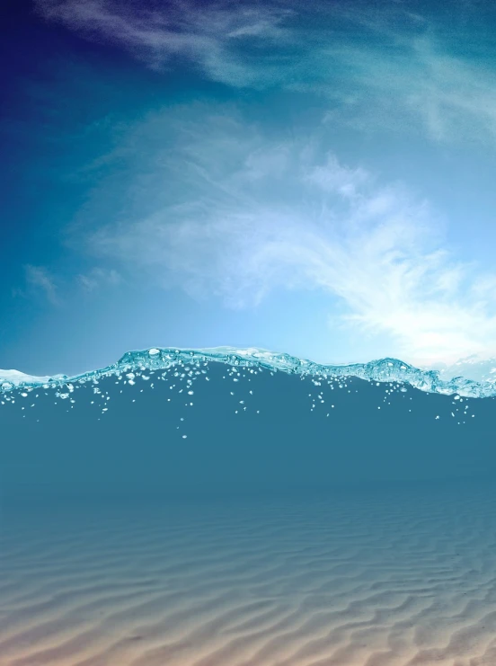 a man riding a wave on top of a surfboard, digital art, by Matthias Weischer, shutterstock, minimalism, bubbly underwater scenery, blue liquid and snow, clean 3 d render, half submerged in heavy sand