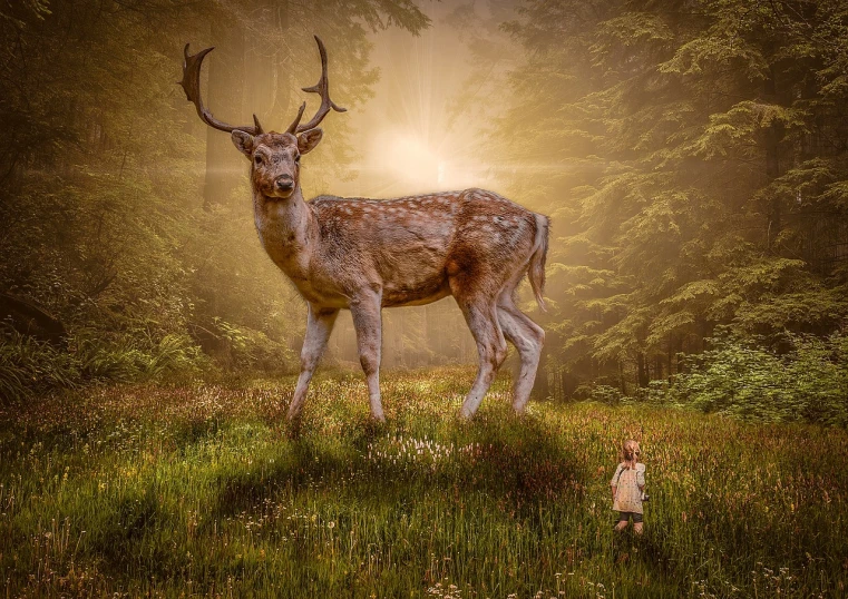 a deer standing on top of a lush green field, inspired by Tom Chambers, fantasy art, award winning photograph!, with a kid, forest light, [[fantasy]]