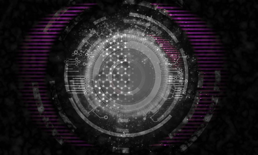 a close up of a circular object on a black background, digital art, by Julian Allen, purple cyberpunk city, dots abstract, artifact, technological screens