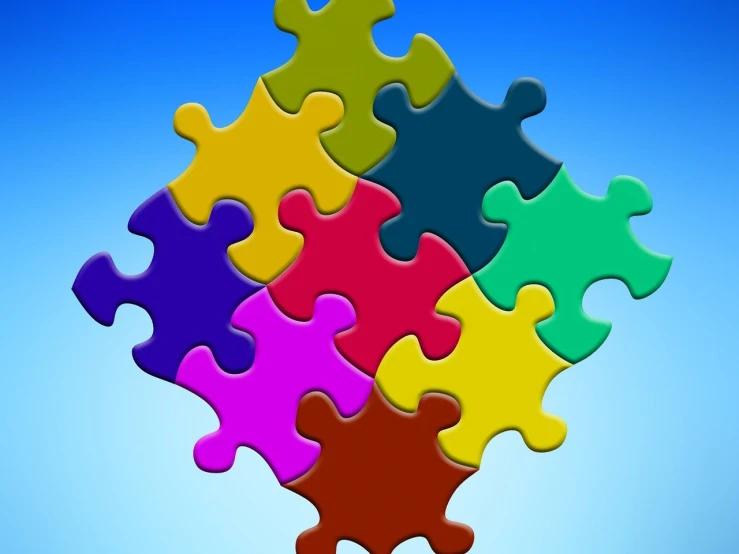 a group of colorful puzzle pieces on a blue background, a jigsaw puzzle, by Yi Jaegwan, pixabay, digitally painted, 1 6 x 1 6, phone wallpaper, meticulous detail