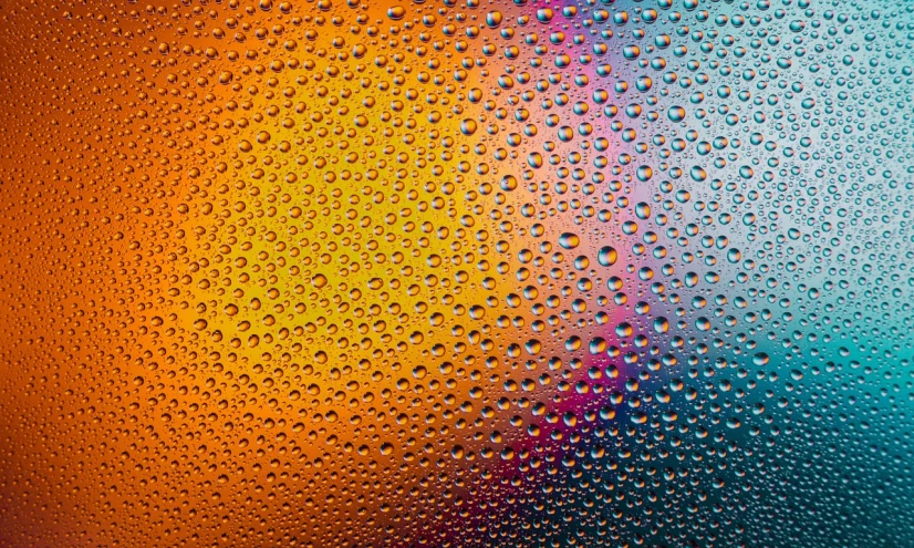 a close up of water droplets on a glass, a macro photograph, by Jan Rustem, pointillism, rainbow gradient reflection, orange and blue, wallpaper for monitor, full of colour 8-w 1024