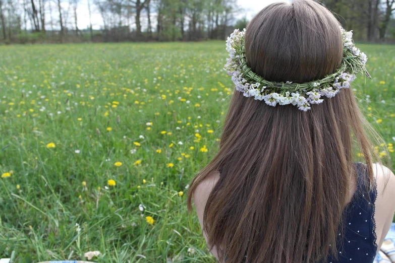 a girl sitting in a field with a flower crown on her head, a picture, pixabay, viewed from behind, green and white, close up half body shot, her hair is long and straight