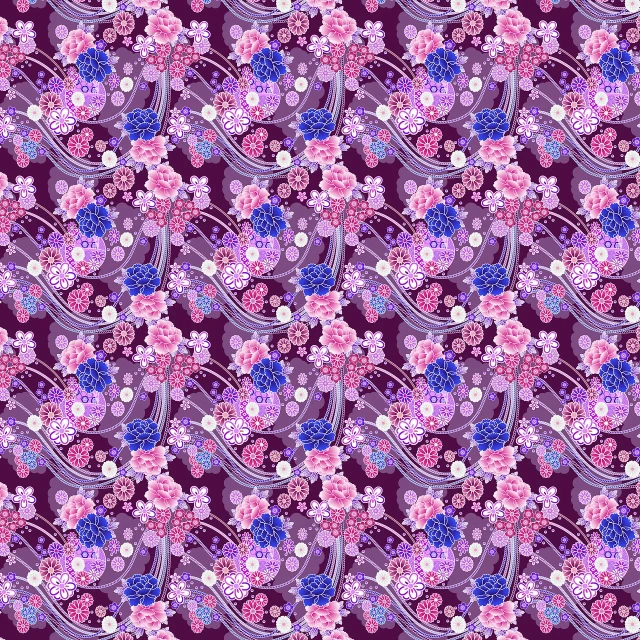 a pattern of flowers and swirls on a purple background, inspired by Nagasawa Rosetsu, tumblr, ribbons and flowers, many mech flowers, full of colour 8-w 1024, flowers sea rainning everywhere