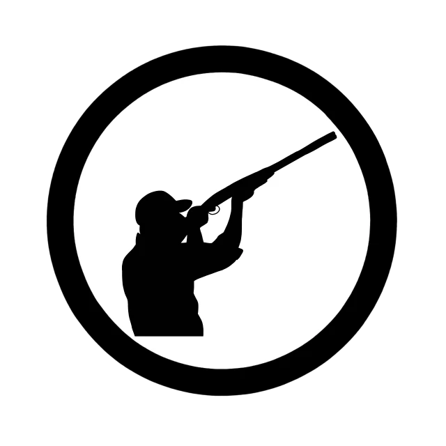 a black and white silhouette of a man holding a shotgun, vector art, by Paul Bird, pixabay, big white moon background, logo without text, hunting, in front of a round