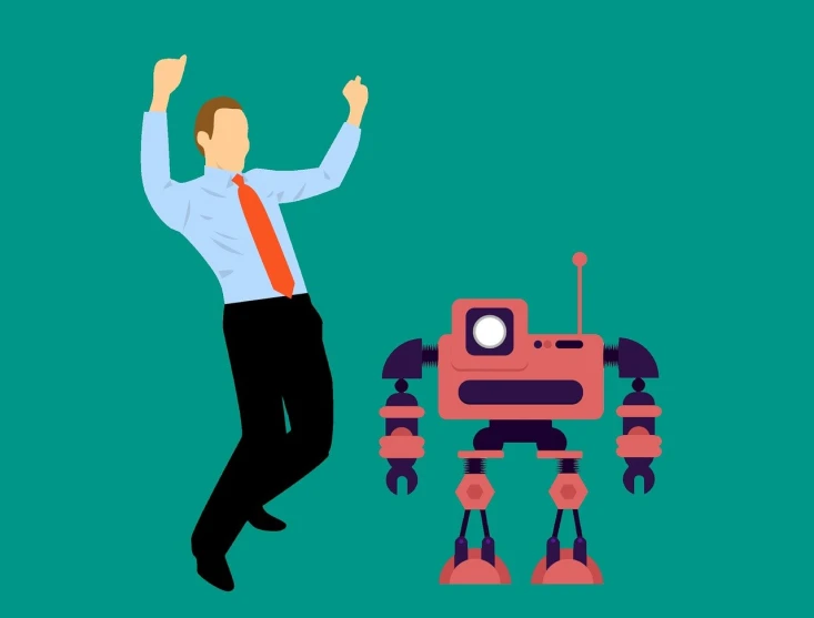 a man jumping in the air next to a robot, vector art, les automatistes, low polygons illustration, corporate boss, he is dancing, cartoon style illustration