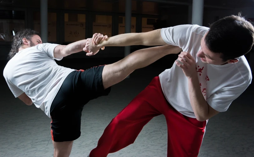 a couple of men standing next to each other, inspired by Liao Chi-chun, shutterstock, choreographed fight scene, valeriy vegera, elbow, technical