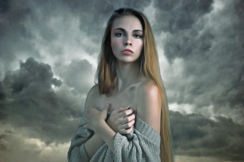 a woman with a towel wrapped around her chest, inspired by irakli nadar, pixabay contest winner, digital art, heavy clouds, beautiful alluring teen, high quality fantasy stock photo, storm arriving