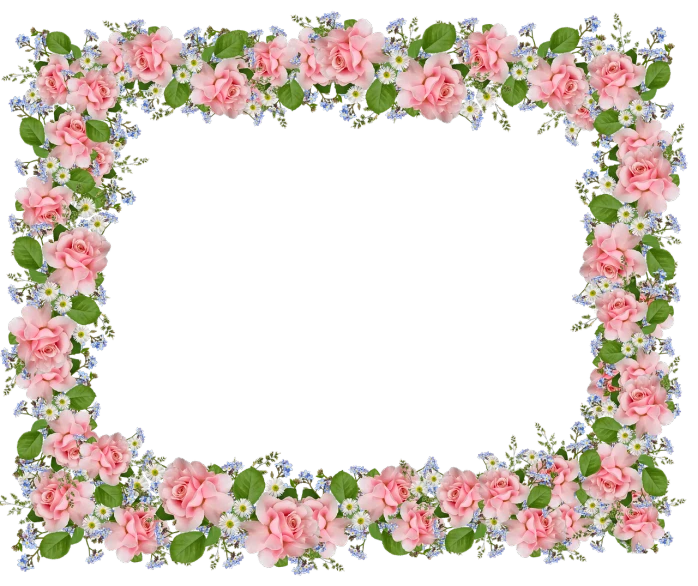 a floral frame with pink roses and blue flowers, a digital rendering, flickr, with a black background, high-definition picture, rectangular, beautiful flower