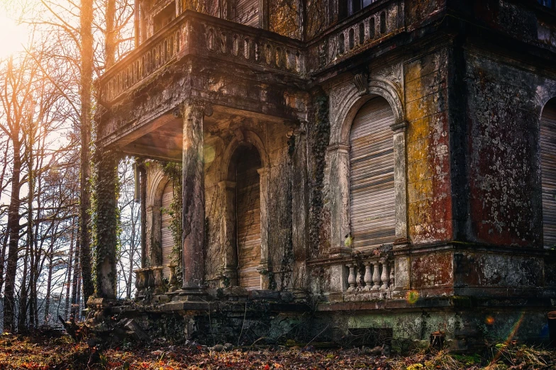 an old building sitting in the middle of a forest, shutterstock, baroque, fallen columns, warm glow coming the ground, details and vivid colors, in a old house. hyper realistic