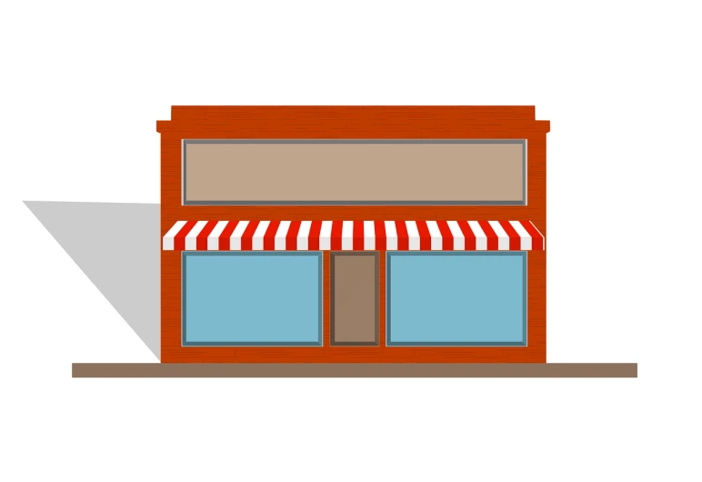 a store front with a striped awning, a digital rendering, simple 2d flat design, reddish, broadshouldered, beginner