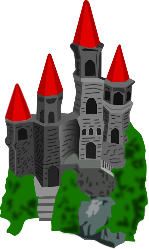 a castle sitting on top of a lush green field, a screenshot, pixabay contest winner, romanesque, it has a red and black paint, !!! very coherent!!! vector art, silver, scary