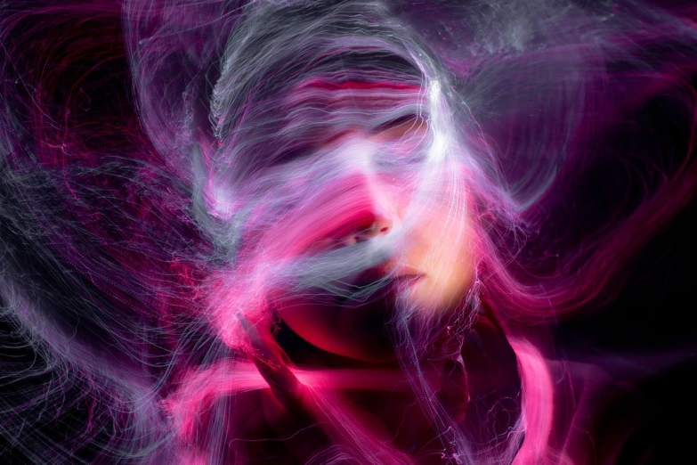 a close up of a person with pink hair, digital art, by Anna Füssli, lightpainting motion blur, beautiful young wind spirit, in the astral plane ) ) ), emotions. fantasy