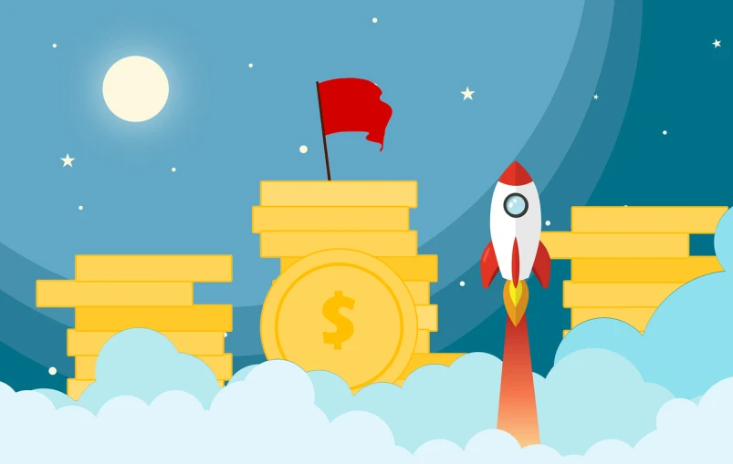 a rocket taking off from a stack of coins, a screenshot, trending on pixabay, conceptual art, red banners, themed on the stars and moon, huge success, istockphoto