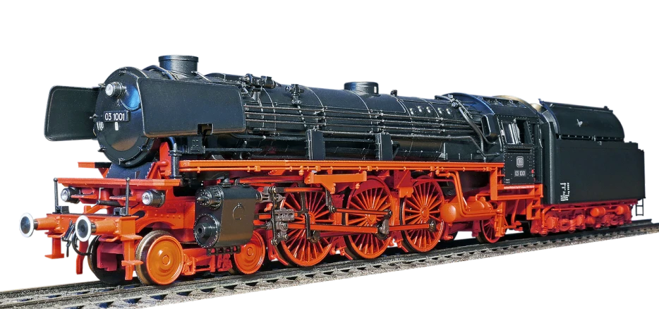 a close up of a train on a train track, a digital rendering, by Jürg Kreienbühl, zbrush central, figuration libre, orange and black, big engine, replica model, three quarter profile