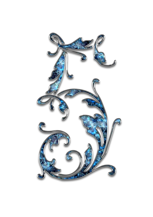 a close up of a letter e on a black background, a digital rendering, art nouveau, fractal blue leaves, beautiful glass work, silver dechroic details, chinoiserie pattern