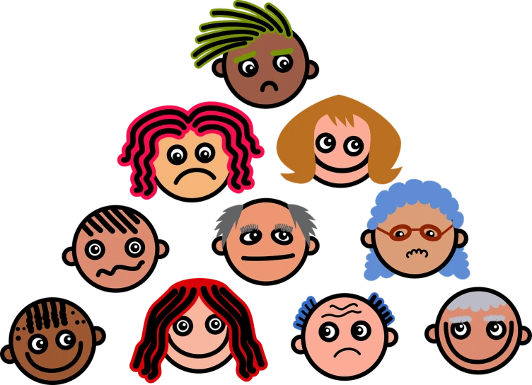a group of people with different facial expressions, a cartoon, by David Burton-Richardson, trending on pixabay, mingei, black background!!!!!, wig, they are unhappy, family