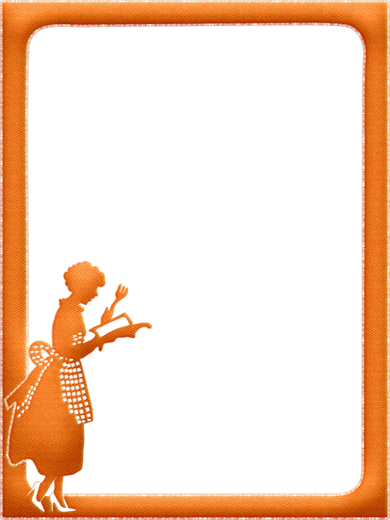 a picture of a woman standing in front of a black background, inspired by Georges de La Tour, flickr, decorative art deco border, orange tone, maid, kitchen background