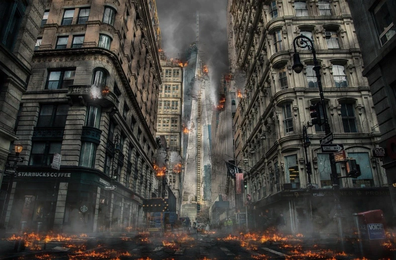 a street filled with lots of fire next to tall buildings, a matte painting, digital art, world war three, detalized new york background, the tower of babel, fotografia