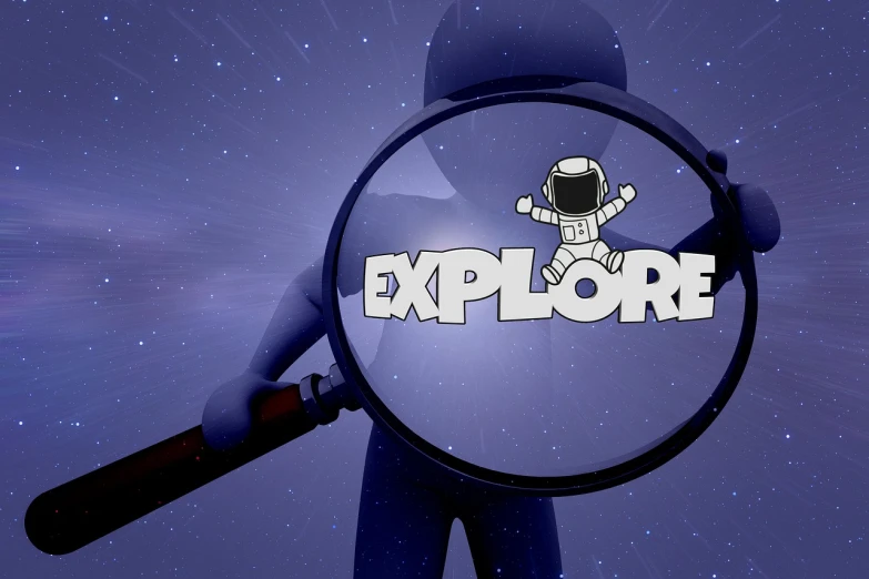 a close up of a person holding a magnifying glass, a microscopic photo, by Wayne England, pixabay, graffiti, small astronaut looking up, in game engine, explorer, word