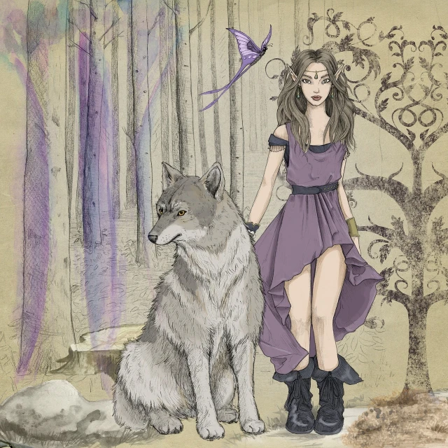 a woman in a purple dress standing next to a wolf, a storybook illustration, trending on deviantart, mixed media style illustration, also known as artemis or selene, grey, fae teenage girl