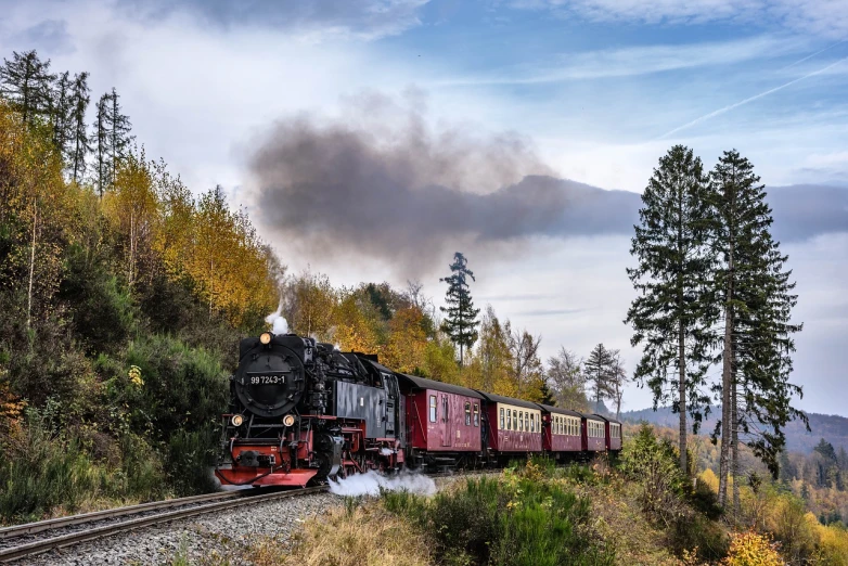 a train traveling down train tracks next to a forest, a portrait, german romanticism, steam trains, in the autumn, in a scenic background, 7 7 7 7