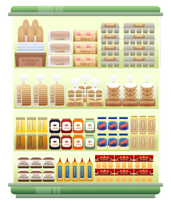 a shelf filled with lots of different types of food, a digital rendering, by Josetsu, naive art, material pack, high grain, retail price 4 5 0, halogen