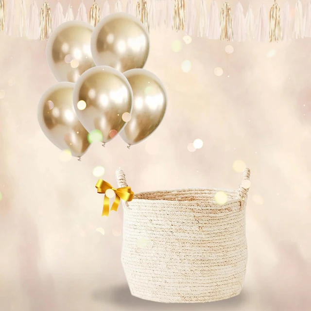 a basket that has a bunch of balloons in it, by Elaine Hamilton, shutterstock contest winner, baroque, beige and gold tones, still life photo of a backdrop, 💣 💥, pearlescent