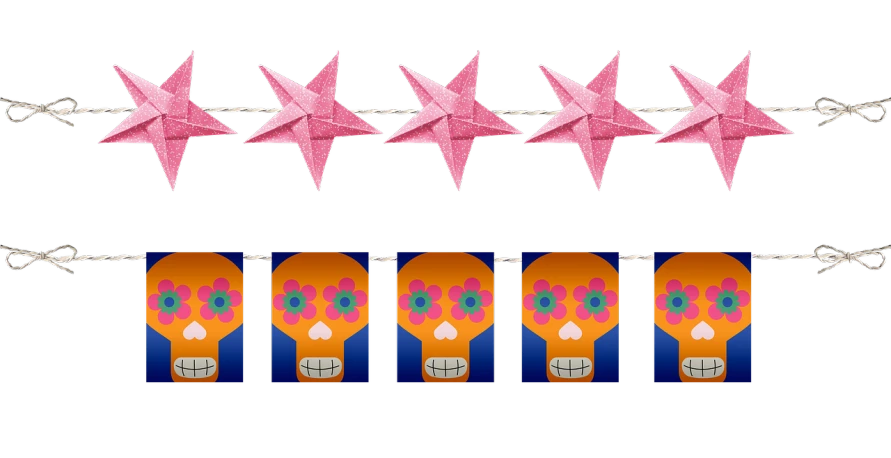 a bunch of pink paper stars hanging from a string, a digital rendering, inspired by Juan O'Gorman, folk art, skull, 💣 💥💣 💥, left, rectangular